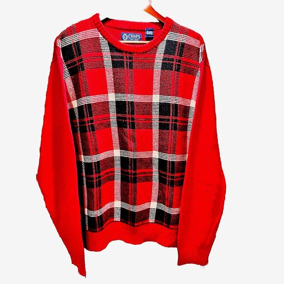 Chaps Sweater Men's Sz X-Large Red Plaid Long Sleeve Crew Neck Rib Edges Knitted - Picture 1 of 5